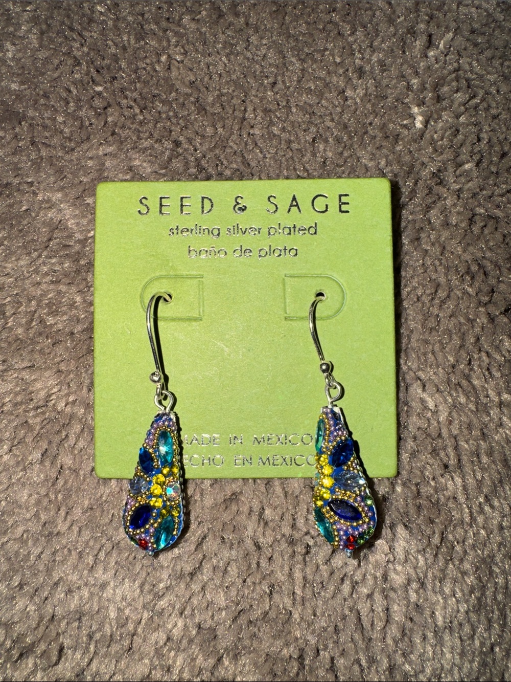 Seed & Sage Colorful Floral Beaded Sterling Silver Plated Dangle Earrings Mexico